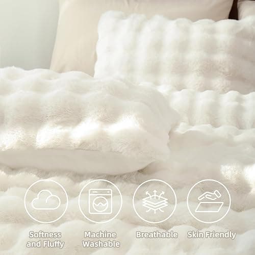 YIKUSH White Comforter Set Full – Ultra Soft & Warm Faux Fur Comforter for Winter, Elegant Fluffy Cream Comforter with Pillowcases, Cozy White Full Bedding Set thumbnail 3