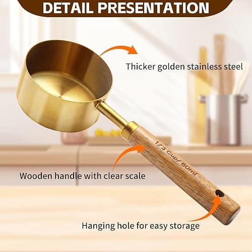 Gold Measuring Cups and Spoons Set,8 Piece Premium Stainless Steel Measuring Cups with Wood Handles,4 Stackable Wooden Measuring Cups and 4 Measuring Spoons Set for Baking Supplies in the Kitchen thumbnail 4
