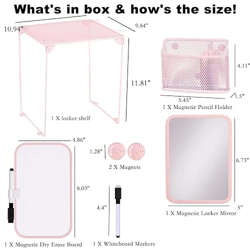 Svartur Pink Locker Accessories with Locker Shelf, Magnetic Mirror, Magnetic Pen Holder, Magnetic Small Whiteboard, Back to School Essentials Locker Decorations, 7 Piece Locker Organizer for Work thumbnail 3