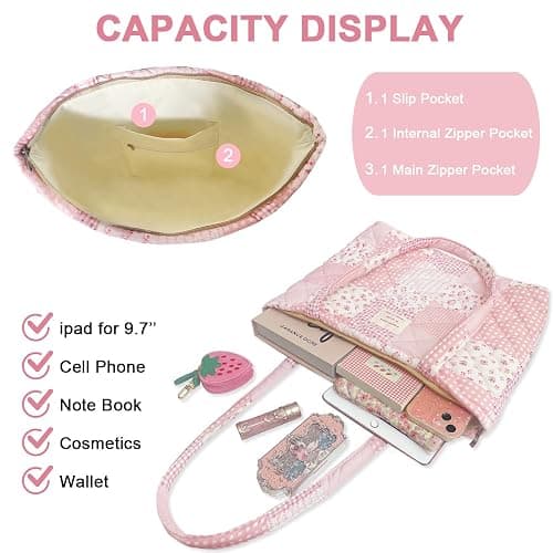 Modacarry Small Floral Quilted Tote Bag with Zipper Closure for Women Girls thumbnail 4