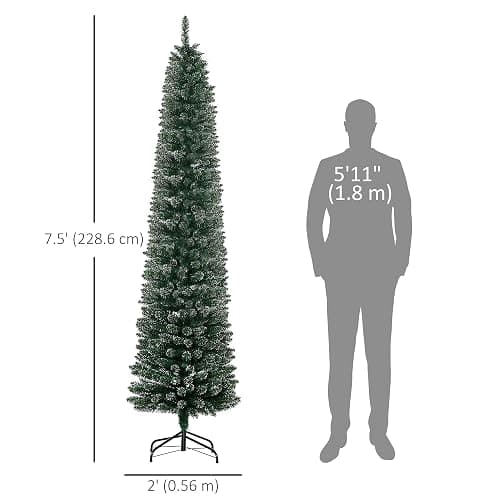 HOMCOM 7.5FT Artificial Snow Dipped Christmas Tree, Xmas Pencil Tree, Holiday Home Indoor Decoration with Foldable Black Stand for Party, Green thumbnail 3