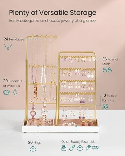 SONGMICS Jewelry Holder, Jewelry Storage Organizer Stand with Metal Frame, Velvet Tray, 12.1 to 18.7 Inches Tall Height Adjustable Necklace Holder, for Rings, Earrings, Pale Gold UJJS026A01 thumbnail 6