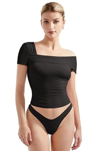 SUUKSESS Women One Off The Shoulder Summer Tank Tops Ruched Short Sleeve Shirts thumbnail 5