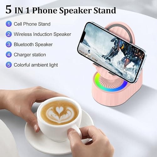 AKLLCCR Wireless Induction Audio Bluetooth Speaker 5in1 Phone Holder Emergency Rechargeable (3000mAh) with Colorful Ambient Light 300° Foldable for Tablet iPhone Android, Womens Birthday Gifts(Pink) thumbnail 2
