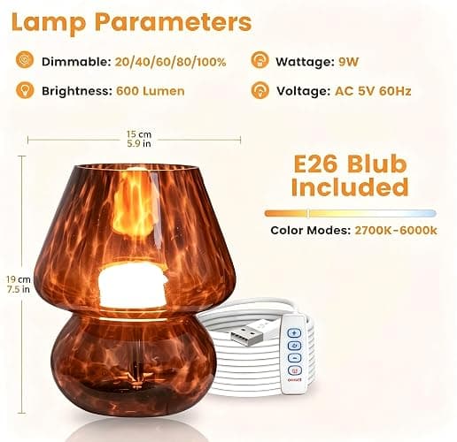 ULAROOM USB Plug-in Vintage Mushroom Lamp Small Bedside Table Lamp with 3 Temperature LED Bulb,Free Dimming Nights Light for Bedroom/Living Room/Entryway/Corner Decor New Home Gift (Golden Amber) thumbnail 6