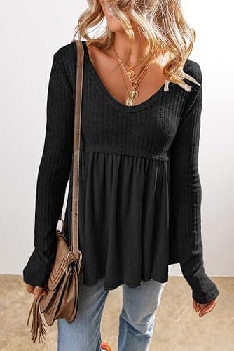 MARZXIN Women's 2025 Fall Long Sleeve Casual T-Shirt Textured Long Sleeve V Neck Babydoll Tunic Tops thumbnail 5