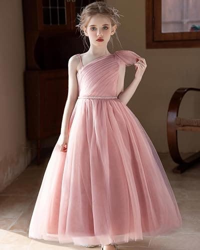 GetWish Tulle Flower Girls Dress One Shoulder Formal Princess Wedding Pageant Birthday Party Holiday Ball Gown Dresses thumbnail 2