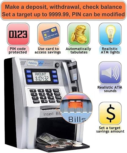 Fishboy ATM Piggy Bank for Kids with Power-Off Memory and Debit Card for Real Money, Onekey Shutdown, Coin Recognition, Target Setting, Bill Feeder, Balance Calculator, Savings Machine Box thumbnail 2