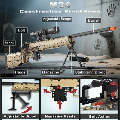CASEIER M24 Building Blocks Gun-Sets, 1:1 Large Army Toys for Boys Adult Teen, Shootable Sniper Model Guns, Cool Birthday Gifts for Men Kids, Collectible Block Weapon for Military Fan 1380 PCS thumbnail 4