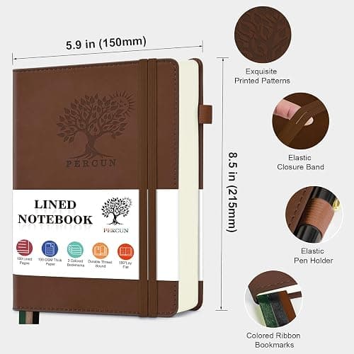 PERCUN Lined Journal Notebook for Men & Women, 160 Pages College Ruled Journal for Writing, A5 Hardcover Leather Notebooks for Work, School, Business, Travel, Daily Diary 5.9" x 8.5" (Brown) thumbnail 2