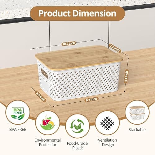 ZFTMRR Plastic Storage Bins with Bamboo Lids, Stackable Small Box Baskets for Organizing and Containers for Shelves Drawers Desktop Closet Pantry Classroom Office Home, 6 Pack 10.2x7.2x4.1 Inch, White thumbnail 3