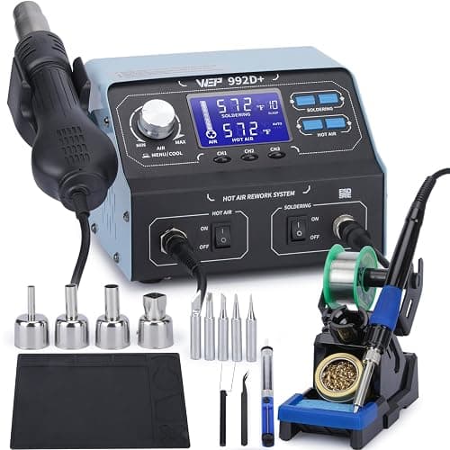 WEP 992D+ 2-in-1 Soldering Iron Kit and Hot Air Rework Station with 3 Preset Channels, LCD Display, Interchangeable Handles, Sleep Mode, X-2 Iron Holder, 5 Iron Tips, Desoldering Pump and Tweezers - Image 1