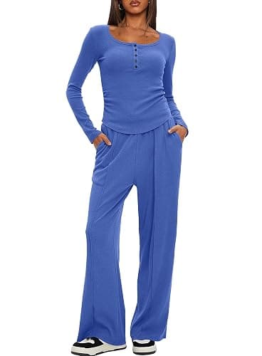 Darong Women's Fall Trendy 2 Piece Outfits Lounge Sets Long Sleeve Top Henley Shirts Wide Leg Pants Travel Clothes thumbnail 5