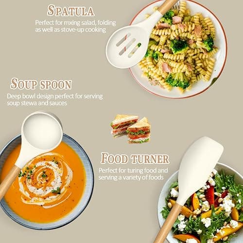 Umite Chef Kitchen Cooking Utensils Set, 33 pcs Non-stick Silicone Cooking Kitchen Utensils Spatula Set with Holder, Wooden Handle Silicone Kitchen Gadgets Utensil Set (Cream White) thumbnail 3