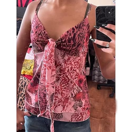 Emo Coquette Cropped Top Grunge 2000s Spaghetti Strap Tops Streetwear Vintage Camisole Y2k Cheetah Tops thumbnail 2
