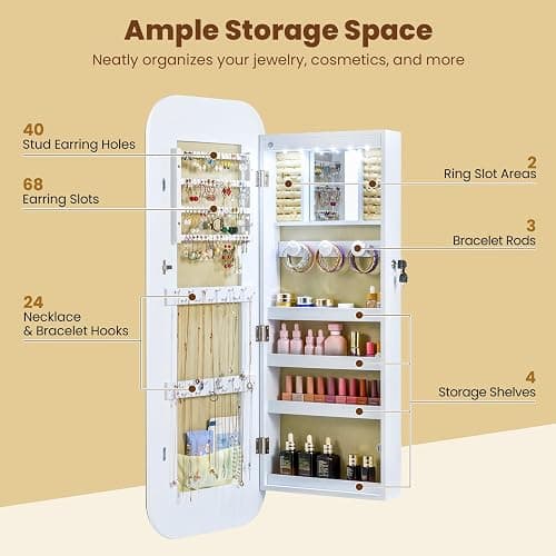 GOFLAME Rounded Mirror Jewelry Cabinet, Wall Mounted Over the Door Jewelry Armoire Organizer, 16.5" x 42.5" Wide Full Length Mirror with Storage, Built-in LED Makeup Mirror, Modern, Lockable, White thumbnail 6