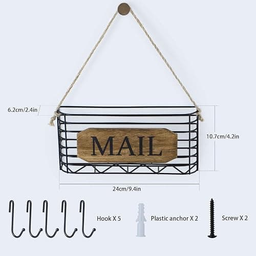 SRIWATANA Mail Organizer Wall Mount, Rustic Mail Holder Key Holder for Wall with Hooks, Small Size, Carbonized Black thumbnail 3