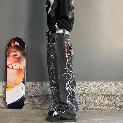 Sudiup Men's Jeans with Gothic Embroidered Print, Loose Wide Leg Casual Straight Leg Versatile Wide Leg Pants thumbnail 5