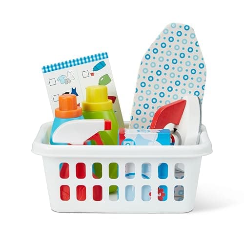 Melissa & Doug Laundry Basket Play Set with Wooden Iron, Ironing Board, and Accessories (14 Pcs) Pretend Play Laundry Set for Kids with Iron - Image 1