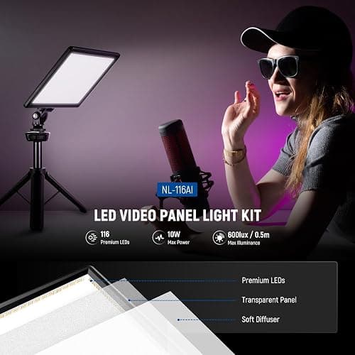 NEEWER 9" LED Video Light Panel, Dimmable DSLR Camera Soft Lighting with Mini Desk Tripod Stand, USB Type C Ports, 3200K~5600K CRI95+ for Studio Photography Video Recording Live Streaming, NL-116AI thumbnail 2