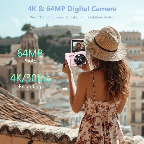 4K Digital Camera for Photography, 64MP Vlogging Camera for YouTube with 3" 180° Flip Screen, 18X Digital Zoom Point and Shoot Camara with 32GB Micro SD Card for Beginner (Light Pink) thumbnail 2