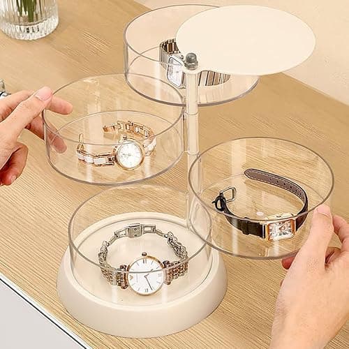 5-Layers Rotating Small Jewelry Boxes, Travel Jewelry Box Tray Case with Lid for Earrings Hair Accessories & Beauty Supplies Necklaces Bracelets Watches, Gift for Women Teen Girls thumbnail 3