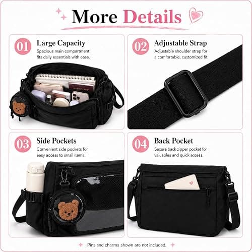 Inshere Ita Messenger Bag, Nylon Cute Pin Display Crossbody Bags Handbags Kawaii Shoulder Purse thumbnail 6
