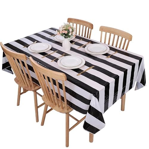 Kesfey 3 Packs Black and White Vertical Striped Tablecloth 54 x 108 Inch Geometric Black Stripe Table Cloths Disposable Plastic Stripe Table Covers Waterproof Picnic Tablecover for Camping Party thumbnail 6