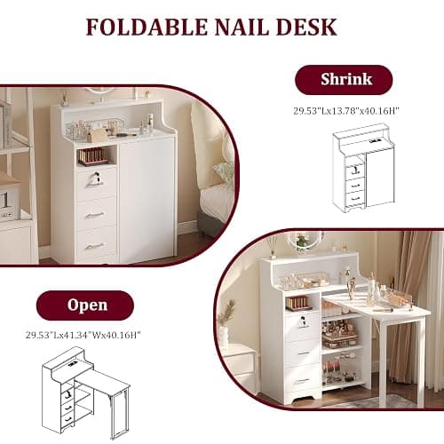 WLLPNG Foldable Nail Desk for Nail Tech, Portable Manicure Table, L Shape Nail Table with Power Outlets & Lockable Drawer & Shelves, Professional Nail Tech Workstation for Home Salon (White) thumbnail 3