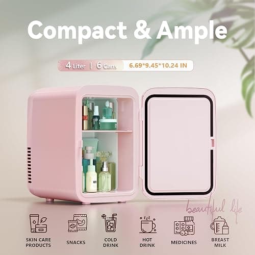 EUHOMY Mini Fridge, 4 Liter/6 Cans AC/DC Small Refrigerator for Skincare, Portable Cooler and Warmer for Skin Care, Cosmetics, Beverage, 4L Makeup Mini Fridge for Bedroom, Car, Office, Dorm, Pink thumbnail 2