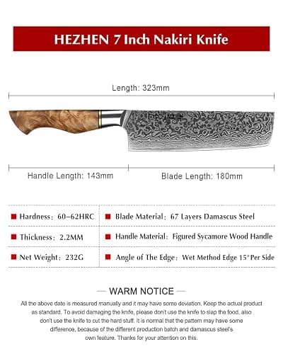 HEZHEN 7 inch Nakiri Knife Japanese High Carbon Steel-Super Durable Cooking Knife-67 Layers of Damascus Steel Sharp Blade -Ergonomic Design for Figured Sycamore Wood Handle thumbnail 5