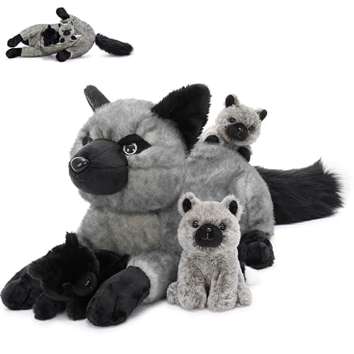 BENINY 4 Pcs Fox Stuffed Animal Set, 22 Inch Mommy Silver Fox with 3 Babies | Mommy gray fox plush set, 3 hidden baby foxes, Zippered tummy design, Soft cuddle companion, Christmas gift for kids - Image 1