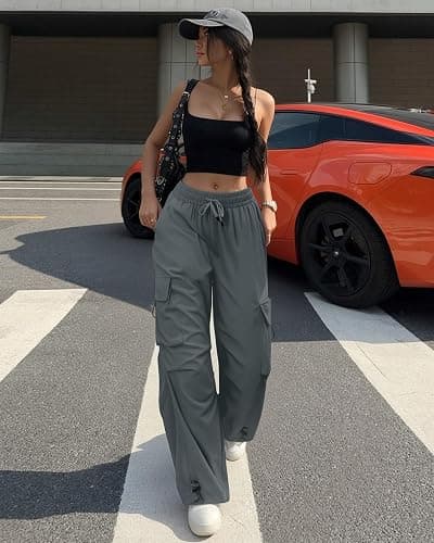 FLEFRM Cargo Pants Women Baggy High Waisted Parachute Pants with Pockets Wide Leg Y2K Casual Pants for Women thumbnail 2