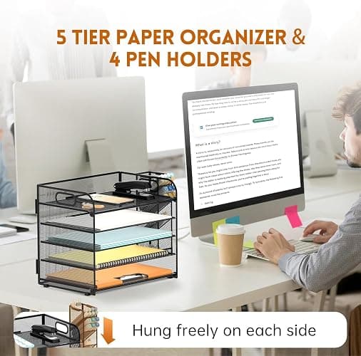 SUPEASY Schreibtisch-Organizer mit 5 Etagen, mit Griff und abnehmbaren Stifthaltern, Netz-Papier-/Akten-Organizer für den Schreibtisch, Papier-Briefablage, Organizer für Bürobedarf (schwarz) thumbnail 5
