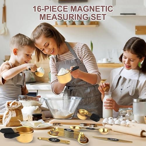 16-Piece Stainless Steel Measuring Cups and Spoons Set, Strong Magnetic Nesting Design 7 Cups 8 Spoons with Leveler, Double Measurement Markings for Dry & Liquid Ingredients, Gold thumbnail 7
