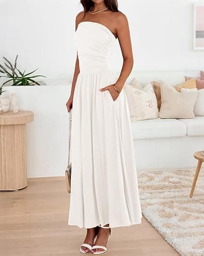 BTFBM Summer Maxi Dresses for Women 2026 Strapless Ruched Tube Top Beach Vacation Spring Wedding Guest Dress Pockets thumbnail 5