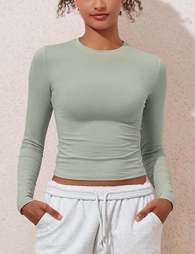 PrettyGuide Womens Cotton Long Sleeve Shirts Tight Fit Basic Y2K Crop Tops | Crew Neck Basic Tee, Fitted Going Out Tops, Compression Underscrubs Shirt, Layering Undershirt, Fall Outfits, Work Daily Wear thumbnail 3