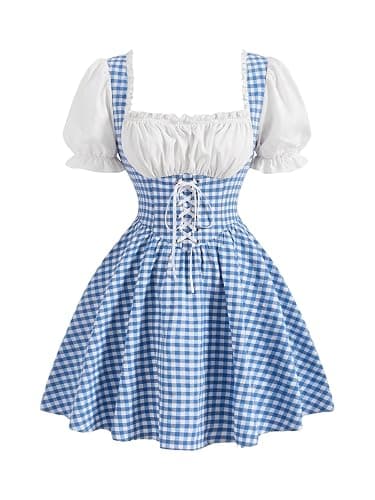 WDIRARA Women's Vintage Cottagecore Gingham Dresses Puff Sleeve Lace Up Corset Flared Dress - Image 1