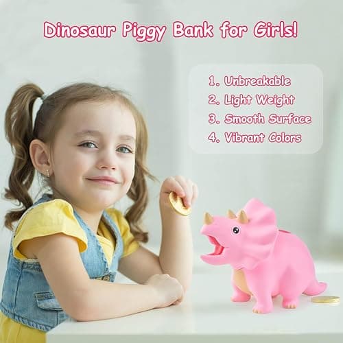 PJDRLLC Dinosaur Toys for Kids - Dinosaur Piggy Bank for Girls, Unbreakable Plastic Money Coin Bank, Great Gifts for Birthday, Easter, Christmas (Pink) thumbnail 4