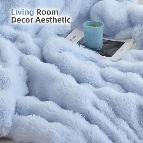 Smoofy Faux Fur Throw Blanket for Couch - Light Blue Super Soft Cozy Bubble Blanket, Fluffy Plush Fuzzy Throw for Sofa & Bed, Thick Lightweight Warm Blanket, Luxury Aesthetic Gift for Women 50"x60" thumbnail 6