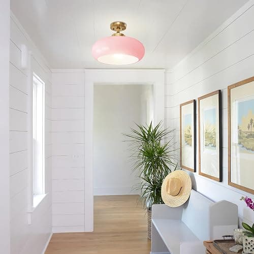 Qepeety Pink Glass Ceiling Light Fixture, Blush Retro Flush Mount for Girls Room Nursery, Bedroom, 15.74 Inch Vintage Ceiling Light with Gold Metal Base, E26 Socket (Bulb Not Included) thumbnail 7