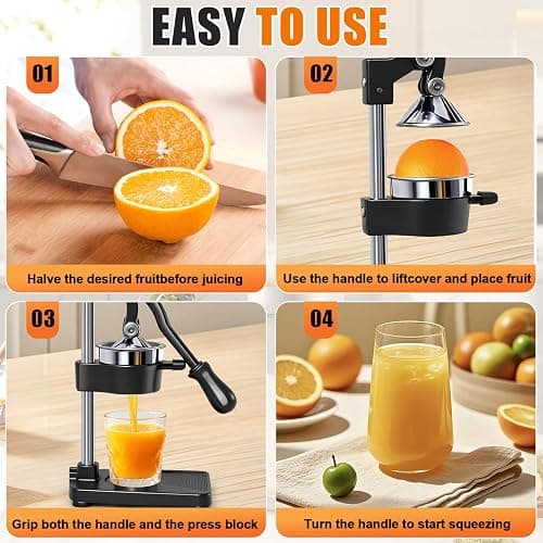 Manual Cast Iron Citrus Juicer,Commercial Hand Press,Heavy Duty Countertop Squeezer for Fresh Orange Lemon Juice,Stable When Pressed,Easy to Use & Clean (black) thumbnail 7