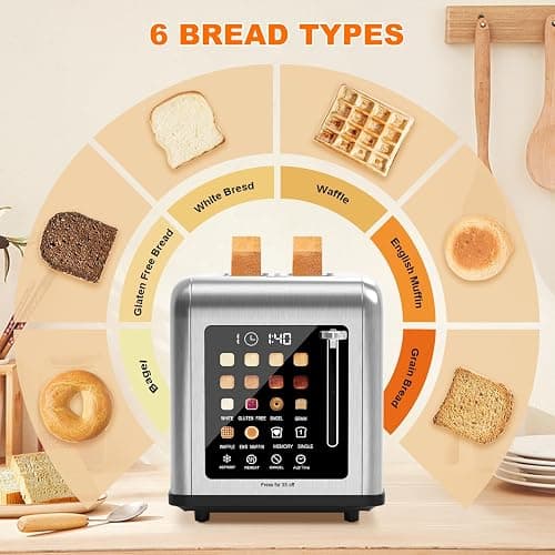 2 Slice Toaster Touch Screen, Stainless Steel Toasters Digital Timer 2 Slot Toasters, 8 Shade Settings 6 Bread Types for Bagel, Cancel, Defrost（Stainless Steel） thumbnail 6