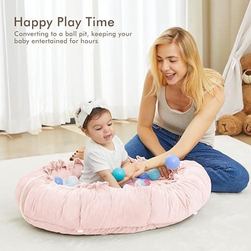 ANGELBLISS 5 in 1 Baby Play Gym Mat, Reversible Tummy Time Mat with 5 Sensory Toys for Stage-Based Developmental, Thick & Large Baby Activity Center from Newborn to Toddler (Pink) - Pink thumbnail 4