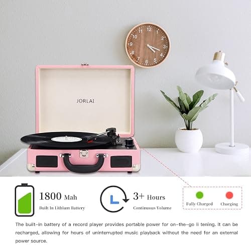 Jorlai Vinyl Record Player 3 Speed Turntable with Bluetooth, Built in Battery, Portable Suitcase, Built in Speakers, 3.5mm Headphone Jack Aux in/RCA Out Pink for Home Decoration Gift thumbnail 4