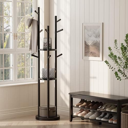 Muwuele Solid Wood Rotary Coat Rack, Freestanding Coat Rack with 3 Shelves and 9 Hooks, Coat tree for Bedroom, Entryway, Livingroom, Coat Hanger Stand for Coats, Scarves, Handbags (Black) thumbnail 9