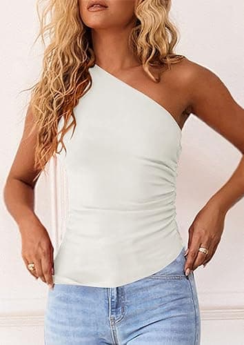 PRETTYGARDEN Womens 2025 Summer Y2K Tops Sleeveless One Shoulder Slim Fit Shirts Ruched Knit Asymmetrical Top Blouse thumbnail 6