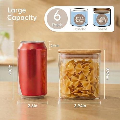 HomArtist Square Glass Jars with Bamboo Lids 27 FL OZ [Set of 6], Glass Canisters with Airtight Lids, Glass Food Storage Containers for Coffee, Sugar, Tea, Candies, Cookies,Best for Kitchen & Pantry thumbnail 3