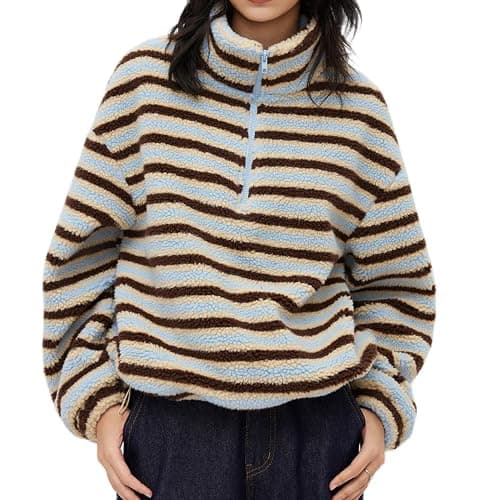 MYBFYABO Womens Half Zip Sherpa Fleece Striped Jacket Oversized Stand-up Collar Sweatshirt Warm Fuzzy Outerwear - Image 1