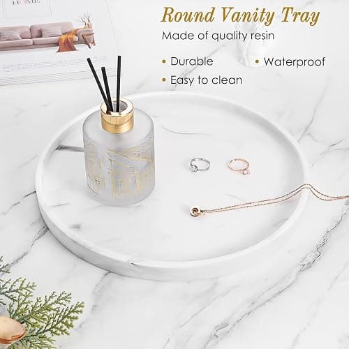 Luxspire Round Vanity Tray, 10.63 Inch Bathroom Vanity Tray Resin Kitchen Sink Tray, Countertop Organizer Tray for Perfume Towel Dresser Jewelry Candle, Coffee Table Decorative Tray, Marble White thumbnail 4
